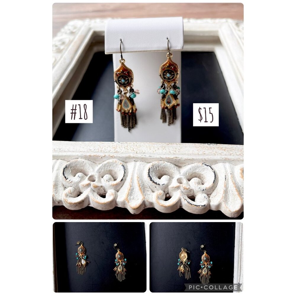 Chico Goldtone, Teal, White, Brown, Orange Dangle Earrings